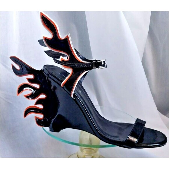 Lemonade Shoes - Lemonade Womens Open Toe Flame Hotrod High Wedge Heel Ankle Strap Slingbacks 9